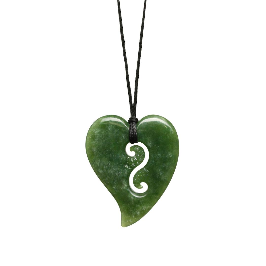 New Zealand Jade Heart with Koru and Ferns