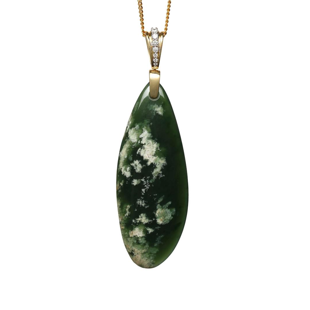 New Zealand Flower Jade Polished Drop Pendant on Gold and Diamond Bale