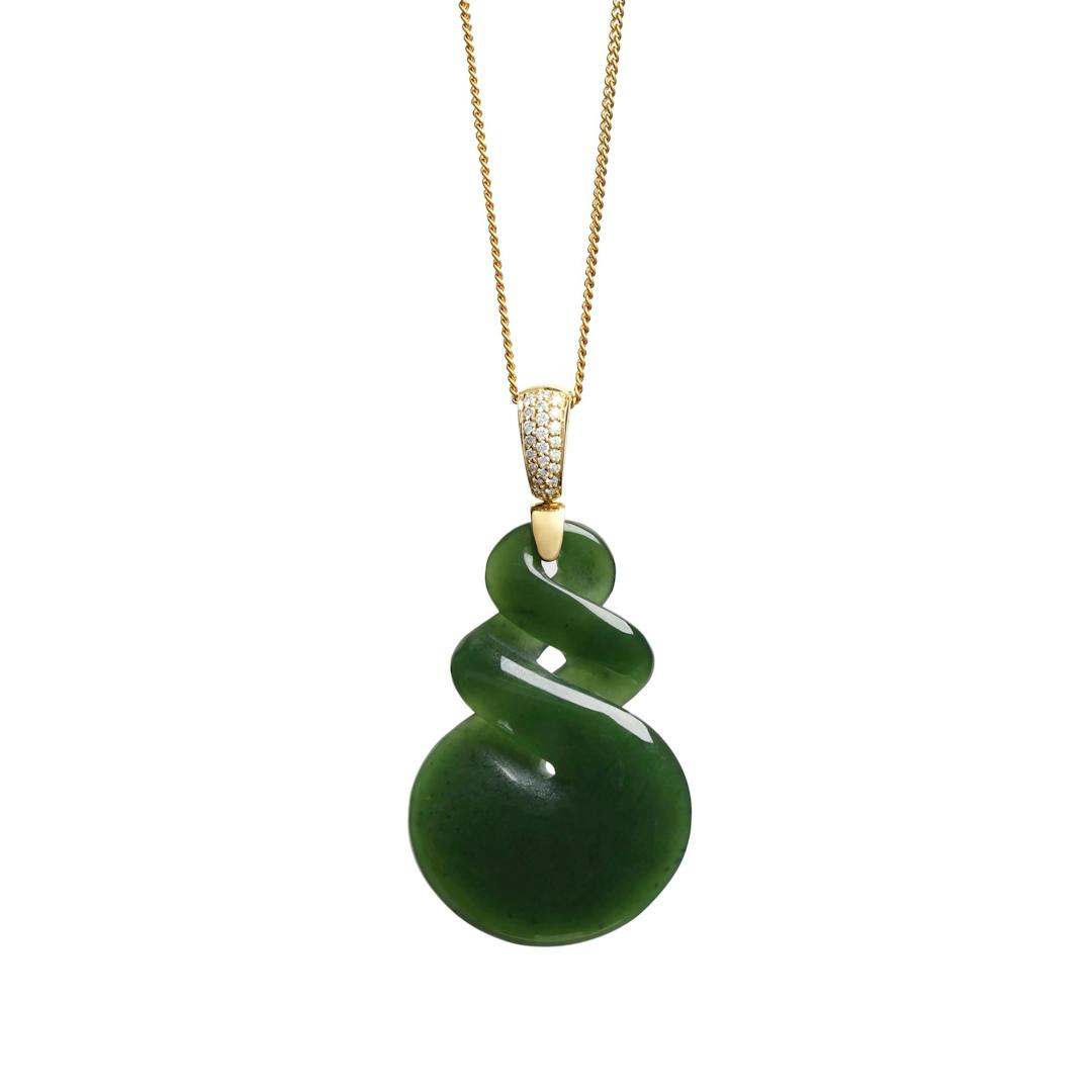 New Zealand Greenstone Double Twist with 18CT Gold and Diamond Bale