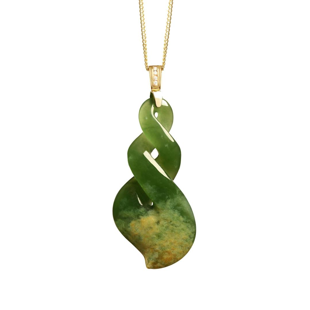 New Zealand Greenstone Double Twist with 18CT Gold and Diamond